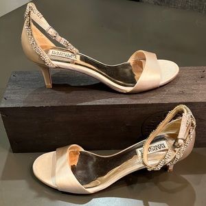 Badgley Mischa Champagne, rhinestone encrusted ankle strap heels. Event ready!